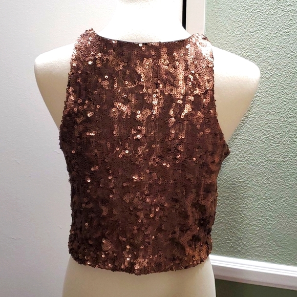 "Bar III" Bronze Sequined Sleeveless Short Top - Picture 4 of 8